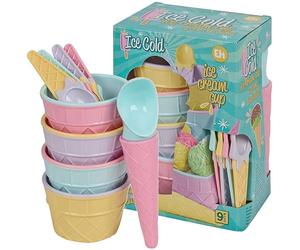 URBNLIVING 9 Piece Ice Cream Dessert Set, Includes 4 Cups, 4 Cone Themed Spoons & 1 Scoop, Plastic Reusable Serving Set in Gift Box, Dishwasher & Freezer Safe, Ideal for Pudding Fruit Summer Parties