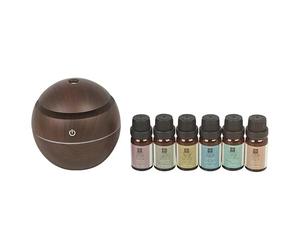 URBNLIVING Aroma Humidifier & Diffuser with 6 x 10ml Essential Oils - Remote Control, Colour-Changing LED, Wood-Style Design for Bedroom & Home (Mahogany)