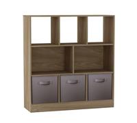 URBNLIVING Asymmetrical 8 Cube Oak Bookcase Storage Unit with 3 Fabric Drawer Inserts - Wooden Display Shelf for Home, Office, or Bedroom Organization Grey