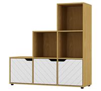 URBNLIVING Beech 6 Cube Step Storage Bookcase Shelf Unit Wooden Metal Doors Wood Home Organiser (White Door, Line Door)