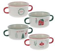 URBNLIVING Christmas Soup Mugs - Jumbo Stoneware Two-Handle Bowls, Festive Xmas Holiday Dinnerware (Set of 4)