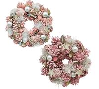 URBNLIVING Classic Christmas Wreath - Pinecones & Greenery Holiday Decoration for Door or Wall - Pink & Silver - 25cm