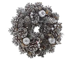 URBNLIVING Decorative Classic Artificial Design Gold & Silver Glitter Pinecone Wreath Tabletop Centerpiece Decoration (Silver)
