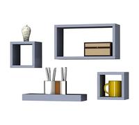 URBNLIVING Grey Floating Wooden Hanging Storage Cube Wall Shelf Shelves Set Home Decor Suspended Shelfing Unit (4 Shelf Set)