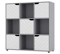URBNLIVING Grey Wooden Cube Bookcase With Line Doors Display Shelf Storage Shelving Cupboard Modern (White Door, 3x3 Cube (9 Cube))