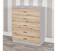 Urbnliving Height 90.5Cm 5 Drawer Wooden Bedroom Chest Cabinet Grey Carcass And Oak Drawers Modern Wide Storage Cupboard Closet