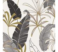 URBNLIVING Home Decoration DIY Vinyl Textured Designed Black Gold Champagne Feature Wall Decorative Wallpaper Rolls (Black Gold & White Leaf Smooth Wallpaper 150GSM)