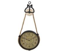 URBNLIVING Industrial Hanging Wall Clock with Rope Pulley Suspension, Vintage Parisian Cafe Dial, Metal & Wood Rustic Retro Timepiece for Kitchen Living Room Hallway Decor
