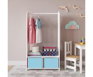 URBNLIVING Kids MDF Wooden Hanging Clothes Rail Wardrobe Storage Shelves with Inserts Mirror Freestanding Wardrobe (Sky Blue)