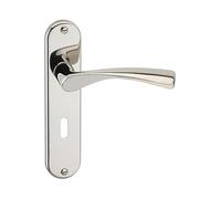URBNLIVING Lyon Metal Lever Latch Door Handles Set Round Rose Design for Internal & External Use Stylish, Easy Installation, Secure and Elegant for Home or Office (Polished Nickel Keyhole)