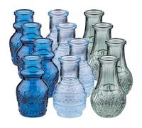 URBNLIVING Mini Flower Bud Vases Set in Blue and Green Colored Embossed Glass, Decorative Small Vases for Home Décor, Weddings, Centerpieces (4 Sets of 3)