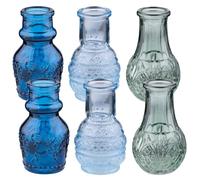 URBNLIVING Mini Flower Bud Vases Set in Blue and Green Colored Embossed Glass, Decorative Small Vases for Home Décor, Weddings, Centerpieces (2 Sets of 3)