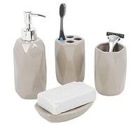URBNLIVING Modern Design 4 Pieces Ceramic Bathroom Accessory Set for Bathroom Soap Lotion Bottle dispenser, Toothbrush Holder, Mug and Soap Dish (Beige)