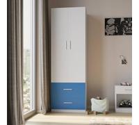 URBNLIVING Modern Kids Large Bedroom Double Wardrobe 2 Doors and 2 Drawers Closet Cupboard Storage Unit (White Carcass + Blue Drawers)