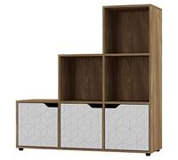 URBNLIVING Oak 6 Cube Step Storage Bookcase Shelf Unit Wooden Metal Doors Wood Home Organiser (White Door, Geometric Door)