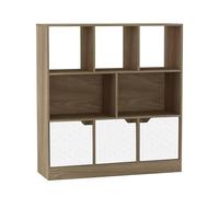 URBNLIVING Oak 8 Cube Asymmetrical Bookcase - Freestanding Storage Cabinet with 3 Doors - Geo Design Doors - White