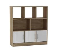 URBNLIVING Oak 8 Cube Asymmetrical Bookcase - Freestanding Storage Cabinet with 3 Doors - Gloss Doors - White