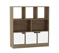 URBNLIVING Oak 8 Cube Asymmetrical Bookcase - Freestanding Storage Cabinet with 3 Doors - Line Design Doors - White