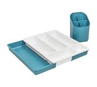 URBNLIVING Plastic Expandable Drawer Kitchen Extendable Organiser Cutlery Space Saving Compact Utensil Tray With 7 Holder Compartments and Matching Cutlery Drainer Sink Caddy (Teal)