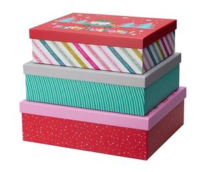 URBNLIVING Queensway Home & Dining Set of 3 Christmas Storage Boxes with Lids - Large Durable Stackable & Nesting Gift Containers for Xmas Holiday Organization (Red & Pink)