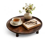 URBNLIVING Round Mango Wood Footed Serving Tray Coffee Table Decor | Raised Rim, 3 Turned Mango Wood Legs, Two-Tone Finish, Fully Assembled, Natural Wood Grain, 30W x 30D x 5Hcm