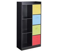 URBNLIVING Tall Wooden 7 Cube Bookcase Shelving Display Storage Unit Cabinet Shelves New (Black Bookcase) (Multi Colour Drawer)