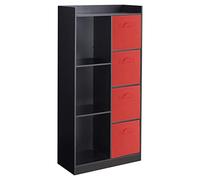 URBNLIVING Tall Wooden 7 Cube Bookcase Shelving Display Storage Unit Cabinet Shelves New (Black Bookcase) (Red Drawer)