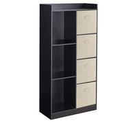 URBNLIVING Tall Wooden 7 Cube Bookcase Shelving Display Storage Unit Cabinet Shelves New (Black Bookcase) (Beige Drawer)