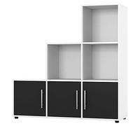 URBNLIVING White 6 Cube Step Storage Bookcase Shelf Unit Wooden Metal Doors Wood Home Organiser (Black Door, Wooden Door Metal Handle)