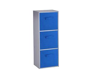 URBNLIVING Wooden Bookcase Grey 3 Tier + 3 Dark Blue Drawer