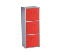 URBNLIVING Wooden Bookcase Grey 3 Tier + 3 Red Drawer