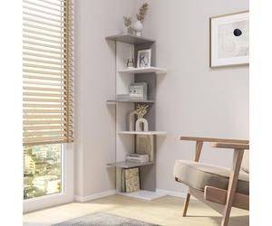 URBNLIVING Wooden Modern Free Standing Display Corner Bookcase (White+Grey, 5 Tier)
