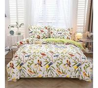 URBONUR 3 Pieces King Size Duvet Cover Set, 100% Cotton Percale Soft Breathable Smooth Comforter Cover Green Leaves & Birds Printed Bedding Set with Button Closure