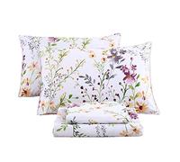URBONUR Garden Floral Sheets Set 4-Pieces Egyptian Cotton Luxurious Bedding Sheet Set Soft Silky Crisp Percale Sheets Shabby Chic Flowers Bed Linen Set (4Pcs, King Size)