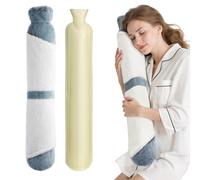 URBZUE Long Hot Water Bottle, 2L Hot Water Bottles with Soft Fluffy Cover, Strip Hot Water Bag for Neck and Shoulder, Back, Legs, Waist (Size 2-White+Grey)