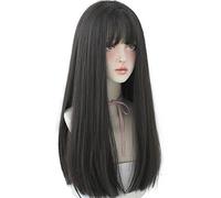 URCGTSA 22 Inch Long Wig for Women Synthetic Hair Black Long Straight Natural with Bangs Party Cosplay Wig for Girls (Black Brown)