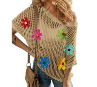 Urchics Womens Crochet Tops Flower Hollow Out Cover Up Short Sleeve Knit Pullover Sweater Summer Beach Coverup, Light French Beige, Small