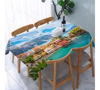 UREJD Table Cloth Rectangle 60x90 in Wipe Clean Tablecloth Water Resistant Table Cover for Kitchen,Colorful Coastal Village Nestled Between Mountains and Turquoise Waters,Party Decorations