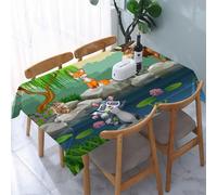 UREJD Table Cloth Rectangle 60x90 in Wipe Clean Tablecloth Water Resistant Table Cover for Kitchen,Cartoon, cheerful animals playing around the pond, surrounded by green and flowers,Party Decorations
