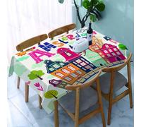 UREJD Table Cloth Rectangle 60x90 in Wipe Clean Tablecloth Water Resistant Table Cover for Kitchen,Dutch,Cartoon Style Amsterdam Architecture Illustration with Colorful City Icons a,Party Decorations