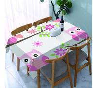 UREJD Table Cloth Rectangle 60x90 in Wipe Clean Tablecloth Water Resistant Table Cover for Kitchen,Four cute pink owls on the branches, accompanied by beautiful pink and purple flow,Party Decorations