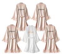 UrHot 5 Pcs Bridesmaid Kimono Robe sets Bride Silky Wedding Day Bathrobe with Lace Trim Embroidered Getting Ready, Champagne,white, One Size
