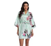 UrHot Women's Floral Kimono Satin Short Robe Peacock and Blossom Soft Bathrobe for Wedding Party Getting Ready, Light Green, Small