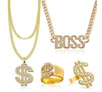 URHRHU 4 PCS Hip Hop Costume Kit 80s/90s Hip Hop Fancy Dress Accessories BOSS Necklace Dollar Necklace Rap Sunglasses Bracelet for Masquerade Party Carnival Rapper Concert