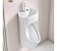 Urinals for Men Spill Proof with Wash Basin and Retractable Faucet, Wall-Mounted Ceramic Urinal, Press the Button to Flush, for Bars Hotels Public Toilet