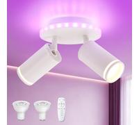 URing LED Ceiling Light 2 Spotlights, RGBW 13.5W 1350LM Round White | Ceiling Light with Remote Control, Dimmable, Separate Control, 350° Swivel, GU10 Bulbs Included, Kitchen Ceiling Light