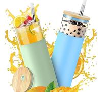 URMAGIC 2 Pack Glass Tumbler with Straws and Lids,600ml Glass Water Bottle with Silicone Protective Sleeve,Iced Coffee Cup,Boba Smoothies Cups,Glass Coffee Tumbler,Large Capacity Drinking Glasses