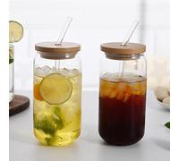 URMAGIC 2 Set Beer Can Glasses with Bamboo Lid and Glass Straws,550ml Can Shaped Glass Cups,Drinking Glasses,Beer Glasses,Iced Coffee Glasses,Boba Tea Cups,Clear Glass Cups,Cute Tumbler Cup,Wine Cup