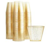 URMAGIC 50 Pcs Gold Glitter Plastic Cups, 270ml Disposable Clear Plastic Cups,Wedding Party Cups,Wine Glasses,Beverage Wine Glass Champagne Cocktail Cup,Disposable Juice Cups(50Pcs Plastic Cups)