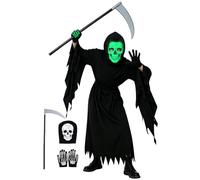 URMAGIC Kids Halloween Costume Grim Reaper Clothes for Boys Girls Play | 4-piece Halloween dress up Gothic role play Death Hooded Cape Glow Mask Gloves Scythe Fancy birthday presents Gifts